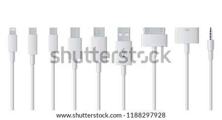 Creative vector illustration of cellphone usb charging plugs cable isolated on transparent background. Art design smart phone universal recharger accessories. Type-c interfaces, connect ports element