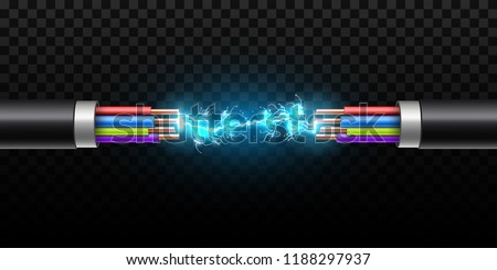 Creative vector illustration of electric glowing lightning between colored break cable, copper wires with circuit sparks isolated on transparent background. Art design. Abstract concept element