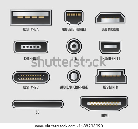 Creative vector illustration of usb computer universal connectors icon symbol isolated on transparent background. Mini, micro, lightning, type A, B, C plugs design. Abstract concept graphic element