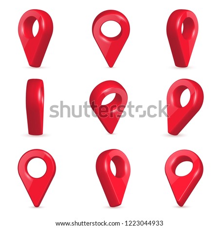 Creative vector illustration of locator, pin realistic 3d map pointers in various angle isolated on transparent background. Art design location symbols template. Abstract concept navigation element