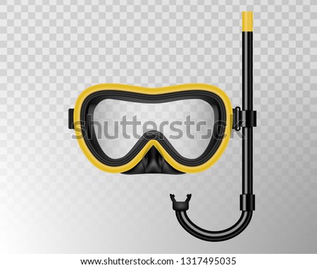Creative vector illustration of scuba diving, swimming mask with snorkel, goggles, flippers isolated on transparent background. Art design realistic snorkeling diver equipment for summer holidays