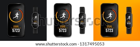 Creative vector illustration of fitness counter run app in phone and wrist band bracelet, activity tracker isolated on background. Art design smartphone template. Abstract concept graphic element