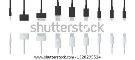 Creative vector illustration of cellphone usb charging plugs cable isolated on transparent background. Art design smart phone universal recharger accessories. Type-c interfaces, connect ports element