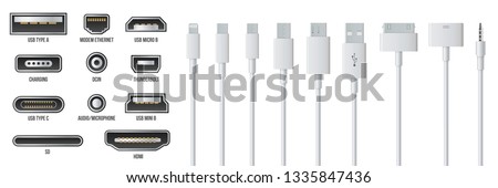 Creative vector illustration of usb computer universal connectors icon symbol isolated on transparent background. Mini, micro, lightning, type A, B, C plugs design. Abstract concept graphic element