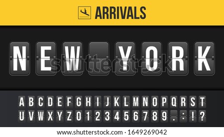 Creative vector illustration of New York airport departure destination, arrivals board, flip scoreboard background. Art design analog airport timetable arrivals, departure sign template concept.