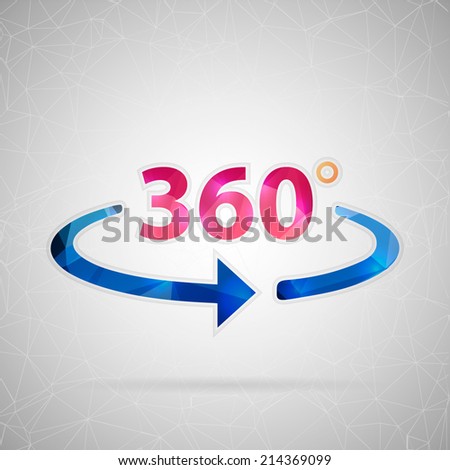 Abstract creative concept vector icon of 360 degrees. For web and mobile content isolated on background, unusual template design, flat silhouette object and social media image, triangle art origami.