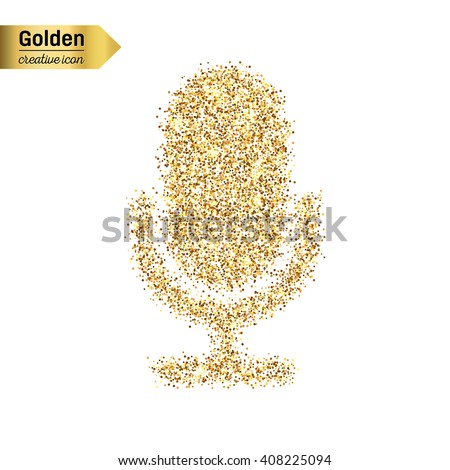 Gold glitter vector icon of microphone isolated on background. Art creative concept illustration for web, glow light confetti, bright sequins, sparkle tinsel, abstract bling, shimmer dust, foil