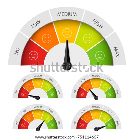 Creative vector illustration of rating customer satisfaction meter. Different emotions art design from red to green. Abstract concept graphic element of tachometer, speedometer, indicators, score.