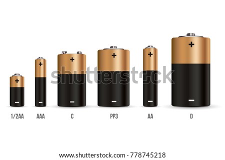 Creative vector illustration of realistic alkaline battery set with diffrent size isolated on transparent background. Art design blank mockup template. Abstract concept graphic element.