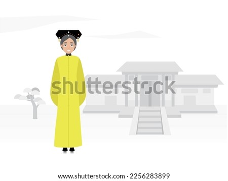 Ancient Chinese cartoon woman and ancient buildings