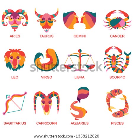 All star signs with different colors on white background. Vector set astrology sign. Twelve horoscope zodiac star icons