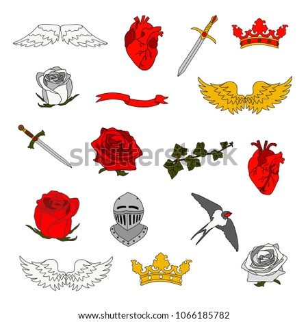 Vector hand drawn illustration set doodle heart, rose, bird, crown and other elements for decoration