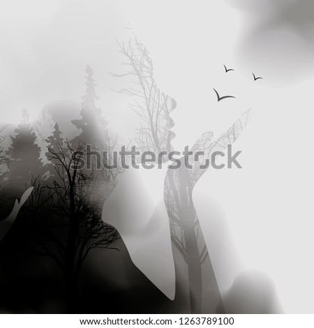 abstract Woman face silhouette. ink effect Forest background.Vector double exposure illustration.Woman face and beautiful nature landscape inside. fog in the forest. 10eps