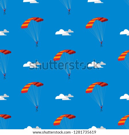 Skydiver flying with parachute. Skydiving, parachuting and extreme sport, active leisure concept. Seamless pattern