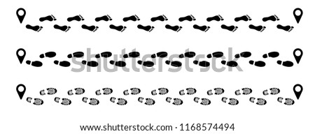 Tracking track footprints human shoes shoe sole. Pin feet footsteps paws people silhouette follow vector hiking route. Steps sign foot. Walks walking trekking banner. Footmark. Navigation. marks