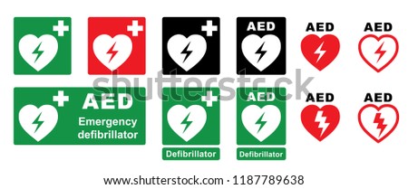 Emergency defibrillator AED AID CPR location point Stop safety first life icons Vector staff medical logo symbol Automated externalicon label icon Medic bag kit station inside for resuscitation doctor
