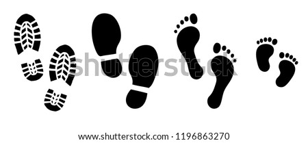 Human walking footprints shoes and shoe sole. Kids feet and foot steps Fun vector footsteps icon or sign for print. Different human footprints. Сток-фото © 
