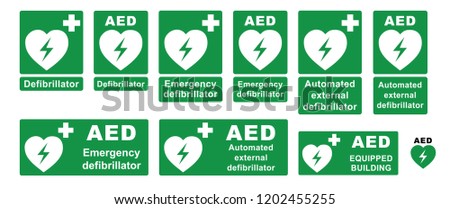 Emergency defibrillator AED AID CPR location point Stop safety first life icons Vector staff medical logo symbol Automated externalicon label icon Medic bag kit station inside for resuscitation doctor