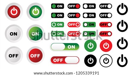 Turn off and on button set. Vector gadgets. On, off toggle switch bar tag. Mobile, web position slider switches. Swearing icon or pictogram. Progress bar. Power button or label. Toggle icons