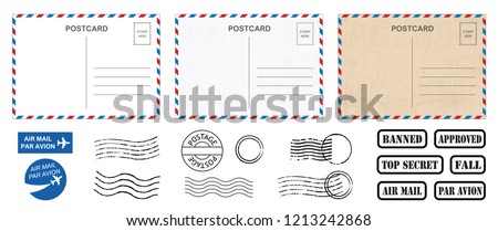 Backside blank travel postcard with dirty stain. Vector Air mail par avion postage stamps, stamp old post card empty Back side template tags postale set logo print address track trace airmail envelope