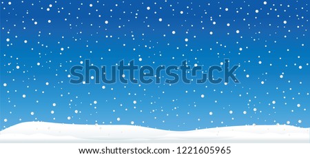 Hello blue winter landscape. Snowy symbol. Vector snowdrifts, falling snowflake. Merry Christmas and happy new Year, xmas time. Shining snowfall or snowball, balls.  let it snow, holiday idea.