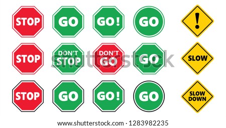 Caution school kids, stop and go area sign and slow down icon Do not enter or cross zone signs Don't stop dont entry road No walk or walking icons Traffic halt pictogram Safety first to pass over 商業照片 © 