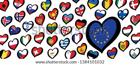 Welcome to Europe. Euro, eu flag and different countries flags with heart flags logo. For Europe, eurovision music song festival, contest. Music songs for vision dreams. Vector euro TV icon. European.