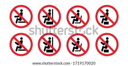 Stop to sit Don't sit here icon Do not seat area Vector seating zone warning sign. Forbid or forbidden seating down icon. Keep distance Social distancing covid. Metre feet. 