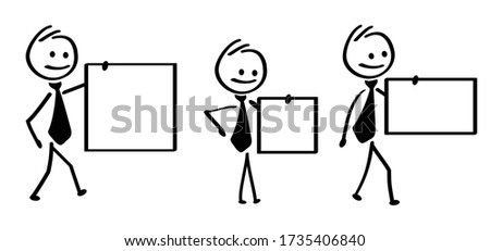 Business stickman hold a billboard Emoji icons Funny comic walk stick figures busines man, woman Vector communication emotions sign drawing board cartoon person Empty or blank sing in sign Businessmen