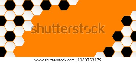 Soccer ball on orange background. Football net pattern. Flat vector wk, ek banner. Sports game. Honeycomb cells hexagon pattern. the Netherlands, Holland or Dutch orange supporters.   2020, 2021, 2022