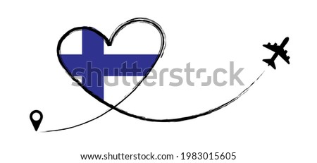 Finland flag.. Heart, love romantic travel. Symbol of  airplane, air plane, aircraft, aeroplane, flying, fly jet airline. Line path. Vector location pointer route. Travel. 
