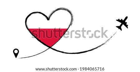 Poland flag. Heart, love romantic travel. Symbol of  airplane, air plane, aircraft, aeroplane, flying, fly jet airline. Line path. Vector location pointer route. Travel. 