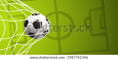 Soccer ball in goal. Goal net. Soccer ball or football net. Vector green background banner.  wk, ek supporters game sport 2020, 2021, 2022 Qatar