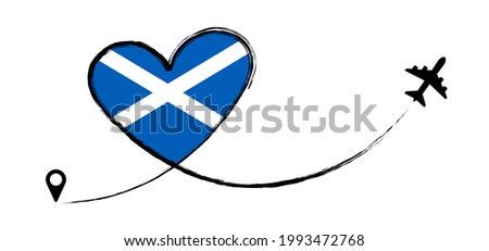 Scotland flag. Heart, love romantic travel. Symbol of  airplane, air plane, aircraft, aeroplane, flying, fly jet airline. Line path. Vector location pointer route. Travel. 