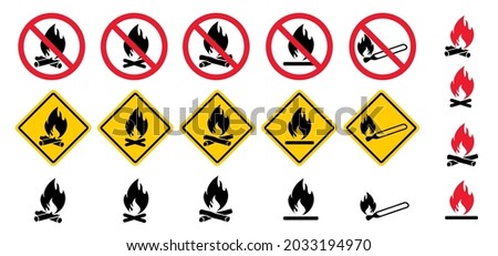 Attention, stop do not open fire or campfire flame zone. No flames allowed, bonfires, Forbidding camping, beach forest. Vector prohibition caution icon. Forbid no smoking pictogram. Sprinkler, flamme
