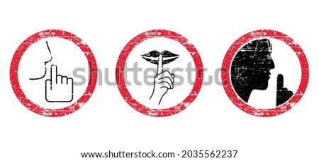 Old sign. Vintage rusty metal sign. Mute. please be quiet silent or silence with hand, finger over lips for no talking. Signboard for not sound doodle. Voice silhouette hush. Vector icon or symbol.