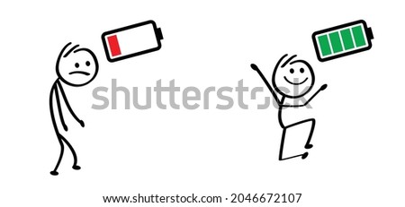 Cartoon Life energy. Stickman, Businessman with red low battery and stick man, business man with green full level. Charge indicator pictogram. Happy and unhappy, Energetic, tired or exhausted symbol