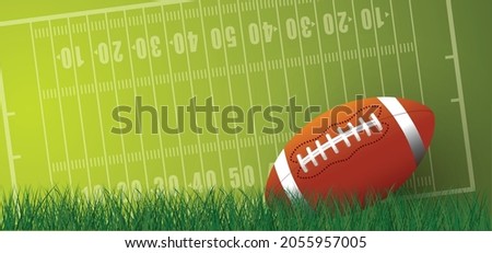 American football on green grass field. Sport team game cup. Rugby ball day. Funny super bowl weekend party. USA, sport finale, school games or on street. Vector template background sign. 