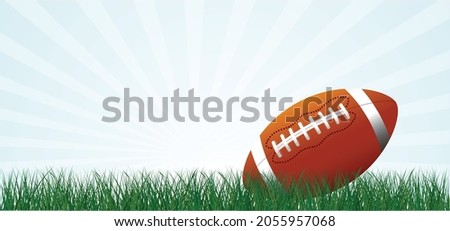 Cartoon, comic American football on green grass field. Sport team game cup. Rugby ball day. Funny super bowl weekend party. USA, sport finale, school games or on street. Vector summer background