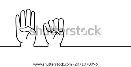 Hand gesture in case of domestic violence, insecurity. Sign language. The violence at home signal for help. Vector stop symbol or pictogram. Line pattern. Awareness month, October. Orange the world.