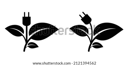 Cartoon green bio or eco power icon or symbol. Natural nergy sveing leaves and electric plugs. Electrical cable plug with leaf. Ecology concept Photo stock © 
