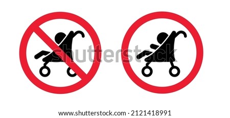 No baby stroller or buggy. Stop. walking for taking care of children. Cartoon vector Baby carriage icon or symbol. Do not use prams. No ban. pushchair not allowed. New baby carriage. signpost. Pram