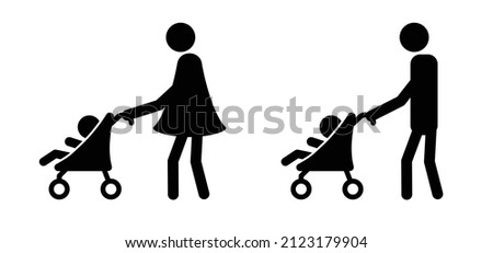 Baby stroller or buggy. Walk for taking care of children. Cartoon vector Baby carriage icon or symbol. Pushchair pictogram. Man or woman walking. Pram symbol