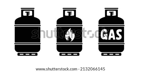 Cartoon propane gas cylinder icon or logo. Vector gas cannister symbol. LPG tank or container. Propane, methane bottles. Fuel storage bottle. For holiday, camper, caravan, camping, tent. Gas cooking.