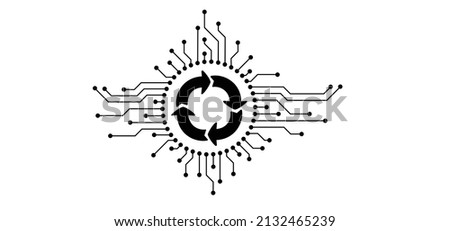 Loading or syncing data cloud. Round go back, return arrow, turn pointer. Circuit board or electronic motherboard. Update, lines and dots connect. Vector technology refresh data. Input or output.