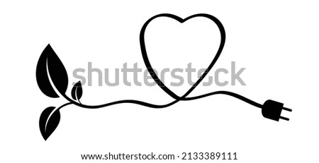 Cartoon green bio or eco power icon or symbol with love, heart. Natural nergy sveing leaves and electric plugs. Electrical cable plug with leaf. Ecology concept Photo stock © 