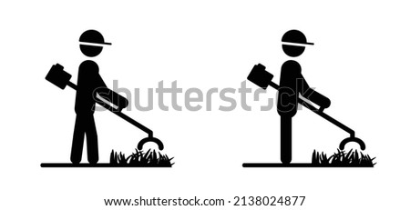 Lawn-trimming. Stickman, stick figure man with lawnmower. Vector icon or pictogram. Garden tools. Grass lawn mower logo. Grass cutter or mower sign. String grass trimmer, grass clipper or Cutting lawn