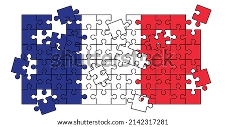 jigsaw puzzle pieces with Flag France. Puzzle pieces icon or pictogram. national country symbol. Cartoon vector French logo. Platte puzzels. Mosic sign. For travel, vacation or holliday. connection