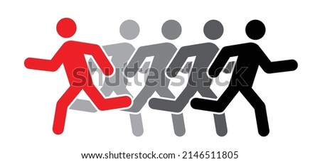 be different. Runaway stickman. Running sports. Vector man stick figure. Teamwork icon or pitcogtram. People flee route. Business Concept. Team work symbol. Leadership logo. strategy