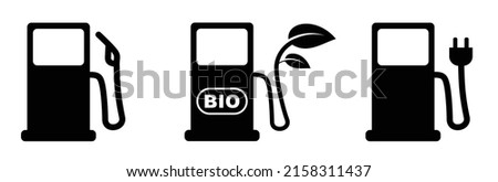 Cartoon car flling station. Petrol pump or electric plug. Electrical cable plugs with pump. electric parking, charge pin location. gas station icon. Bio fuel pump or biodiesel. Biofuel, e point. meter